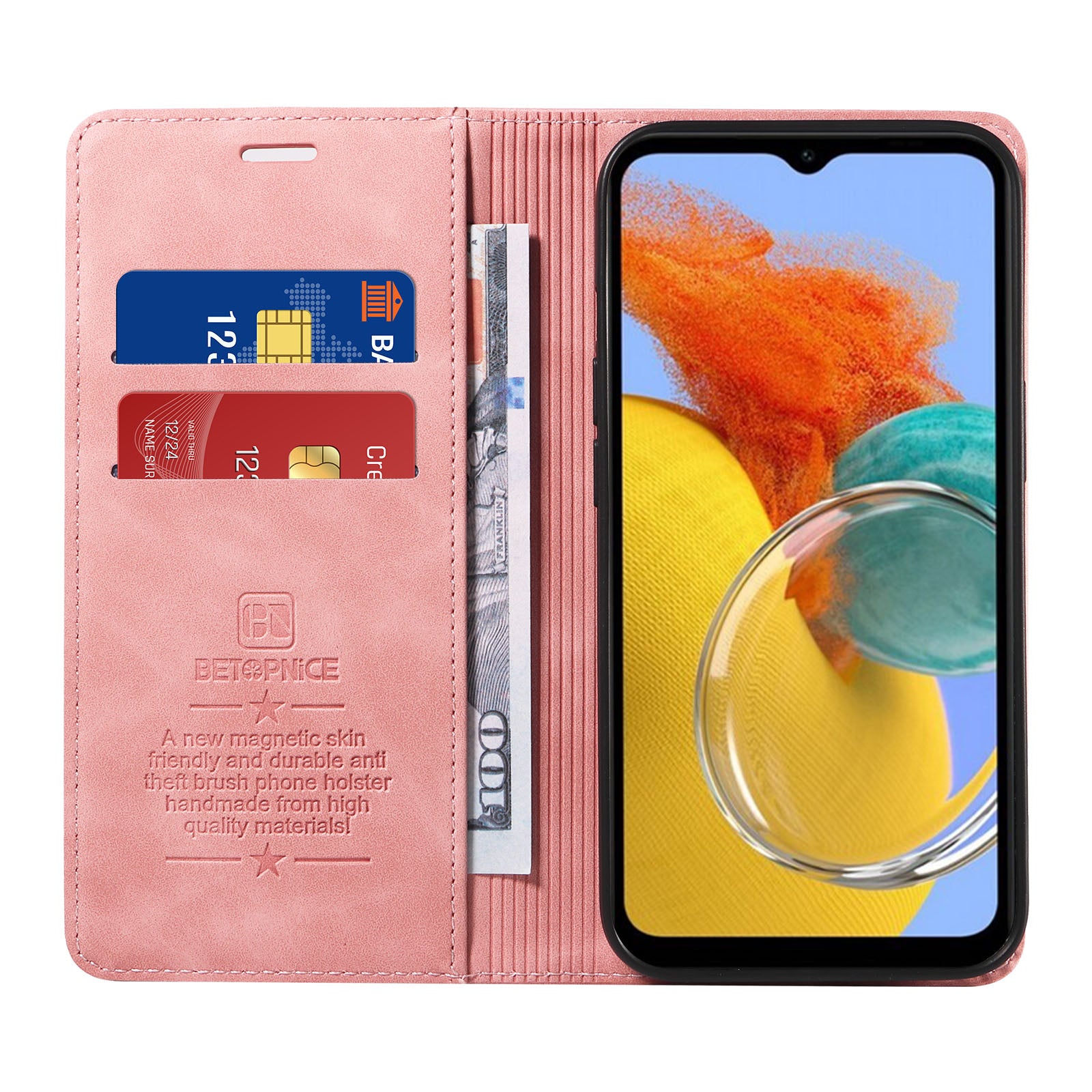 Uniqkart 003 RFID Blocking Phone Cover For Samsung Galaxy F14 5G / M14 5G , PU Leather Stand Wallet Mobile Phone Case - Pink Uniqkart 003 RFID Blocking Phone Cover For Samsung Galaxy F14 5G / M14 5G , PU Leather Stand Wallet Mobile Phone Case - Pink